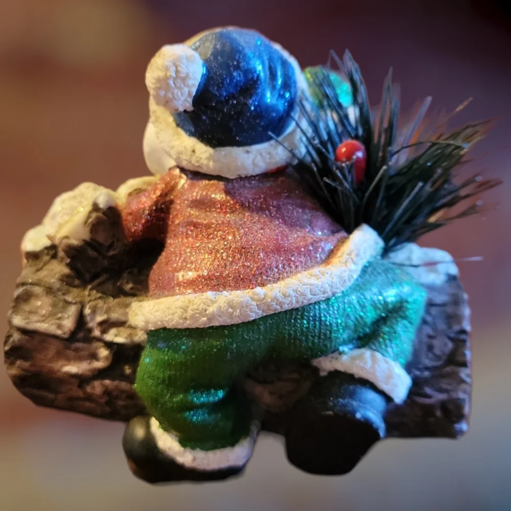 Vtg Santa Claus Christmas Peace Log Pine Glitter Figurine Statue